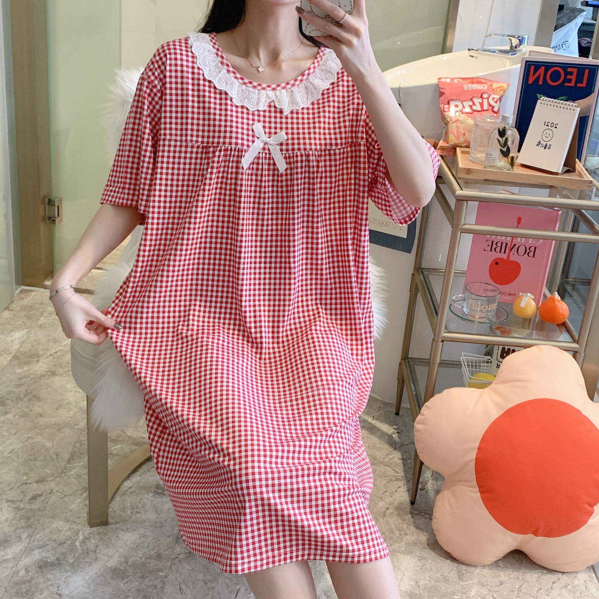 Milk silk even size lace plaid short-sleeved pajamas