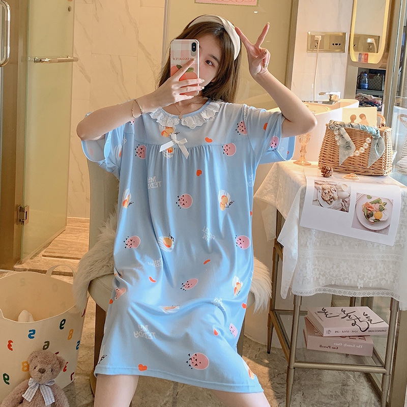 Milk silk even size lace plaid short-sleeved pajamas