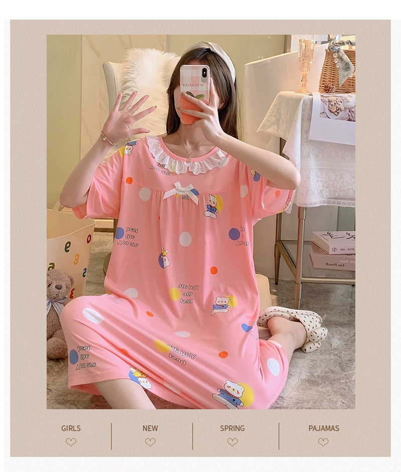 Milk silk even size lace plaid short-sleeved pajamas