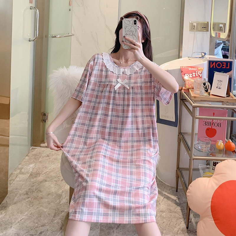 Milk silk even size lace plaid short-sleeved pajamas