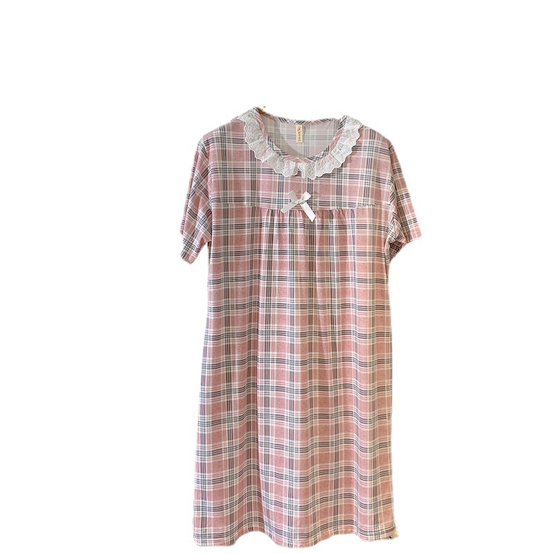 Milk silk even size lace plaid short-sleeved pajamas
