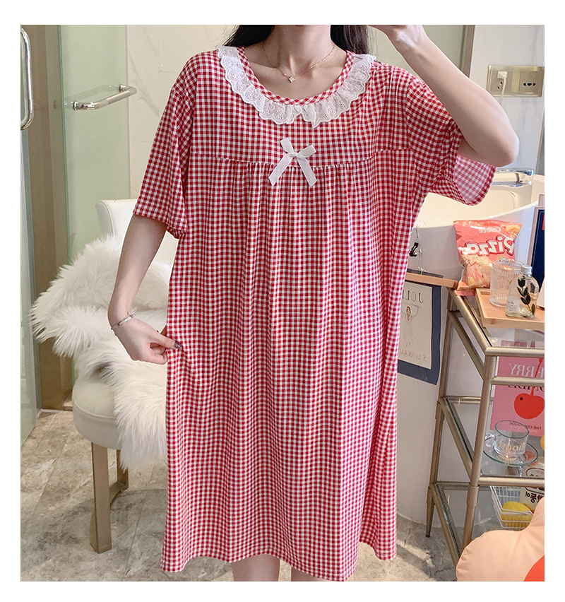 Milk silk even size lace plaid short-sleeved pajamas