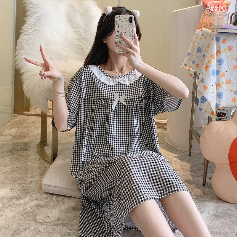 Milk silk even size lace plaid short-sleeved pajamas