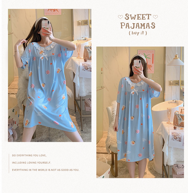 Milk silk even size lace plaid short-sleeved pajamas