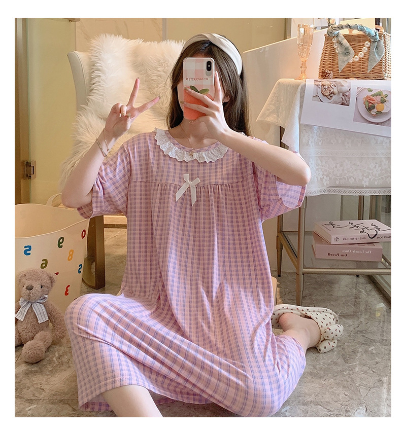 Milk silk even size lace plaid short-sleeved pajamas