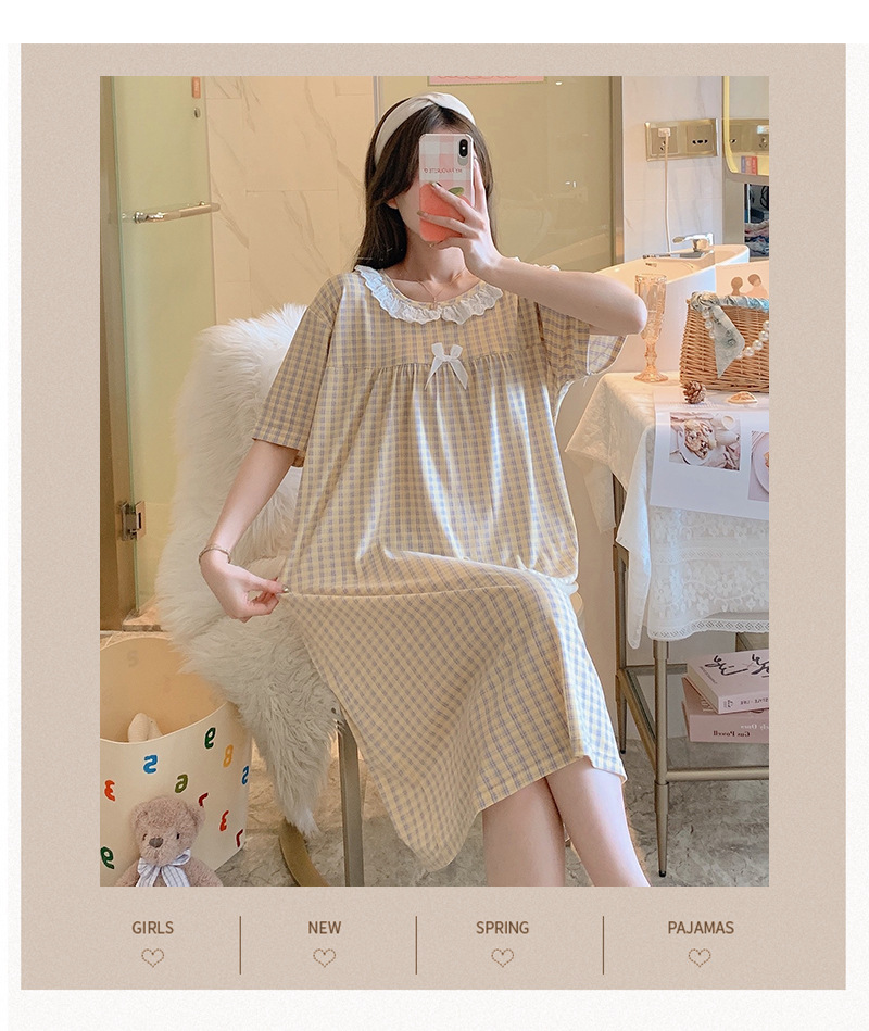 Milk silk even size lace plaid short-sleeved pajamas