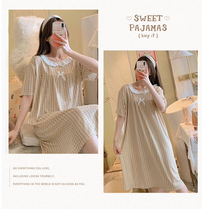 Milk silk even size lace plaid short-sleeved pajamas