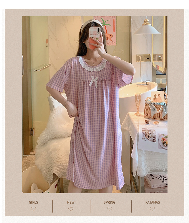 Milk silk even size lace plaid short-sleeved pajamas