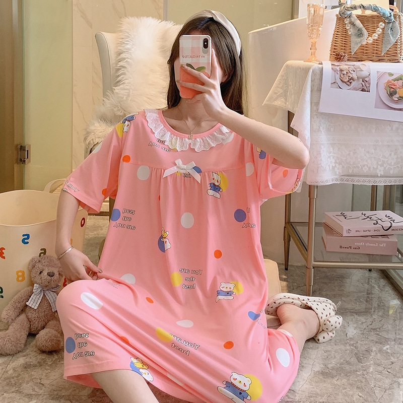 Milk silk even size lace plaid short-sleeved pajamas