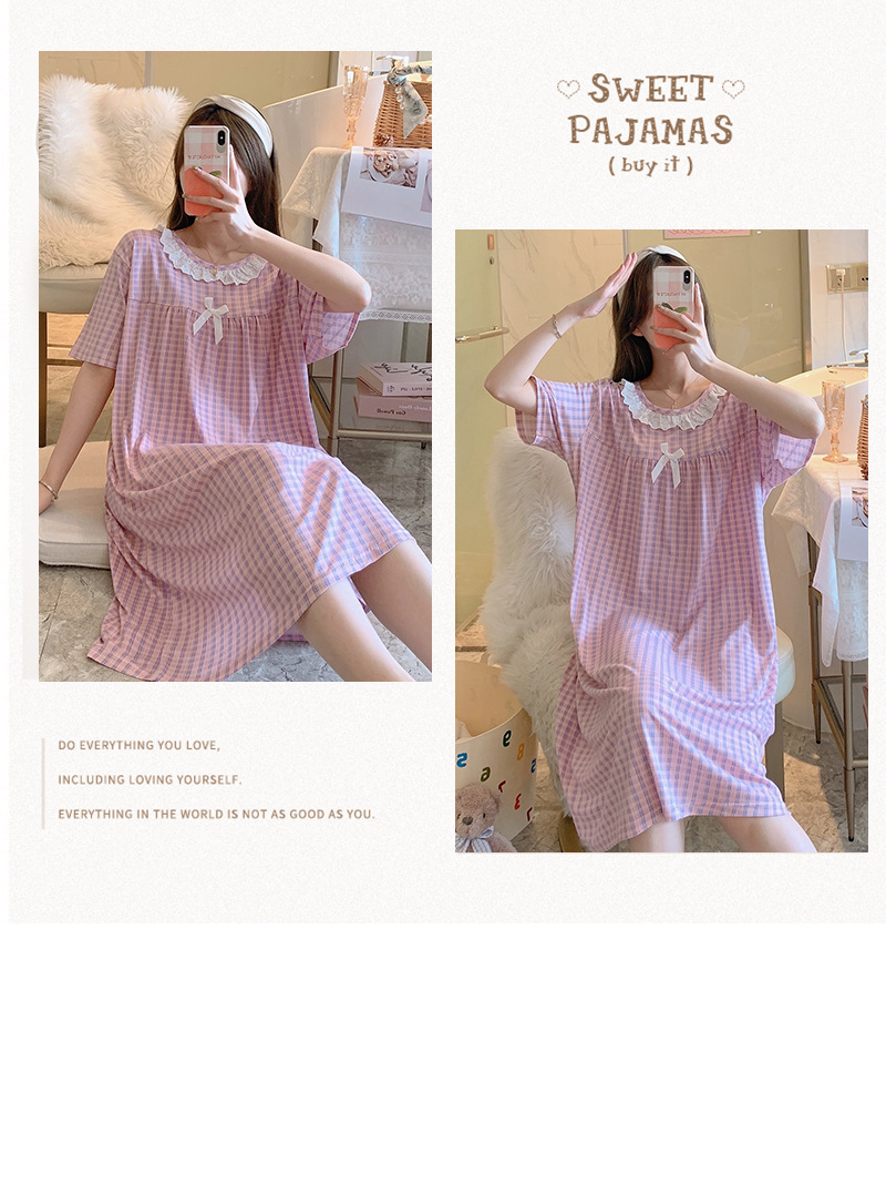 Milk silk even size lace plaid short-sleeved pajamas