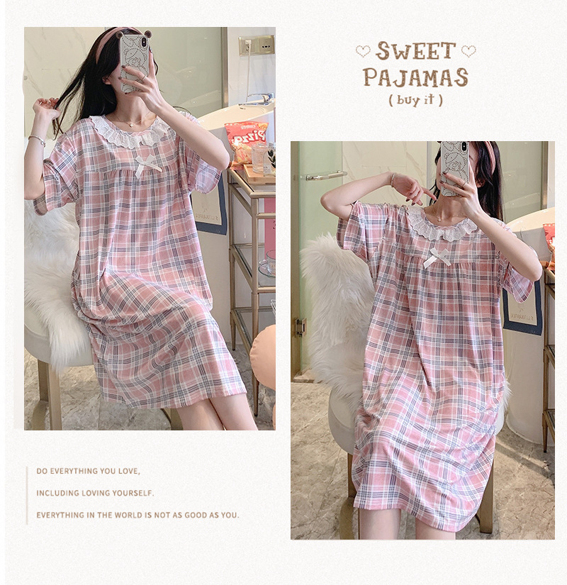 Milk silk even size lace plaid short-sleeved pajamas