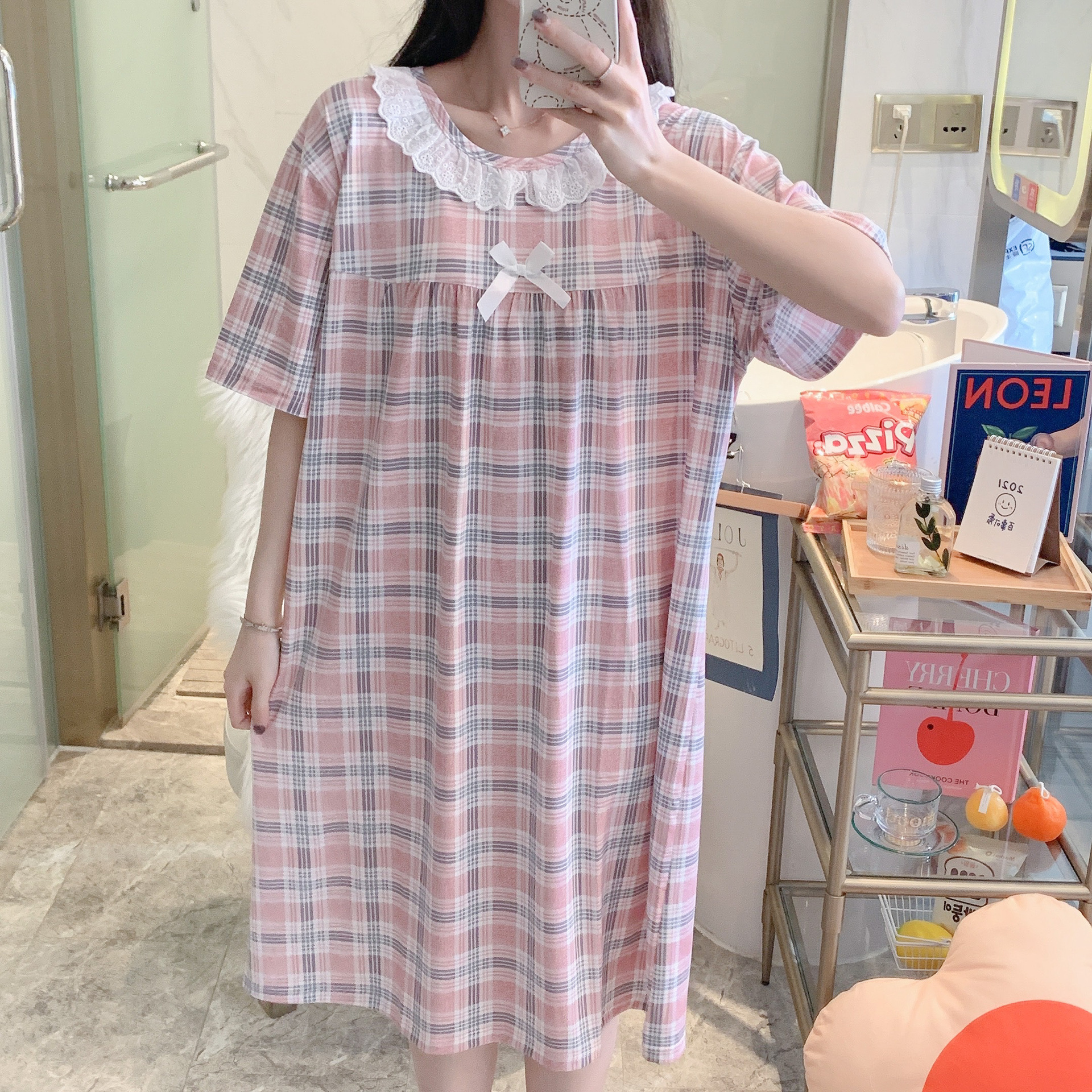 Milk silk even size lace plaid short-sleeved pajamas