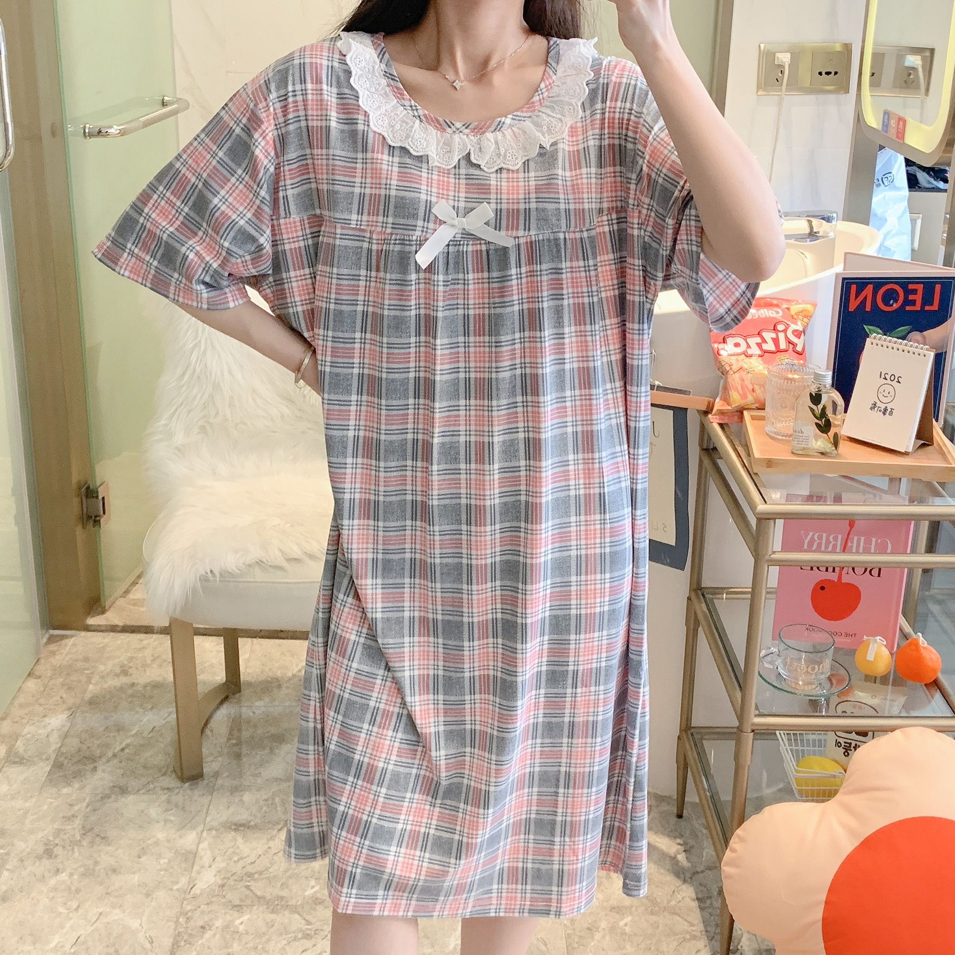 Milk silk even size lace plaid short-sleeved pajamas