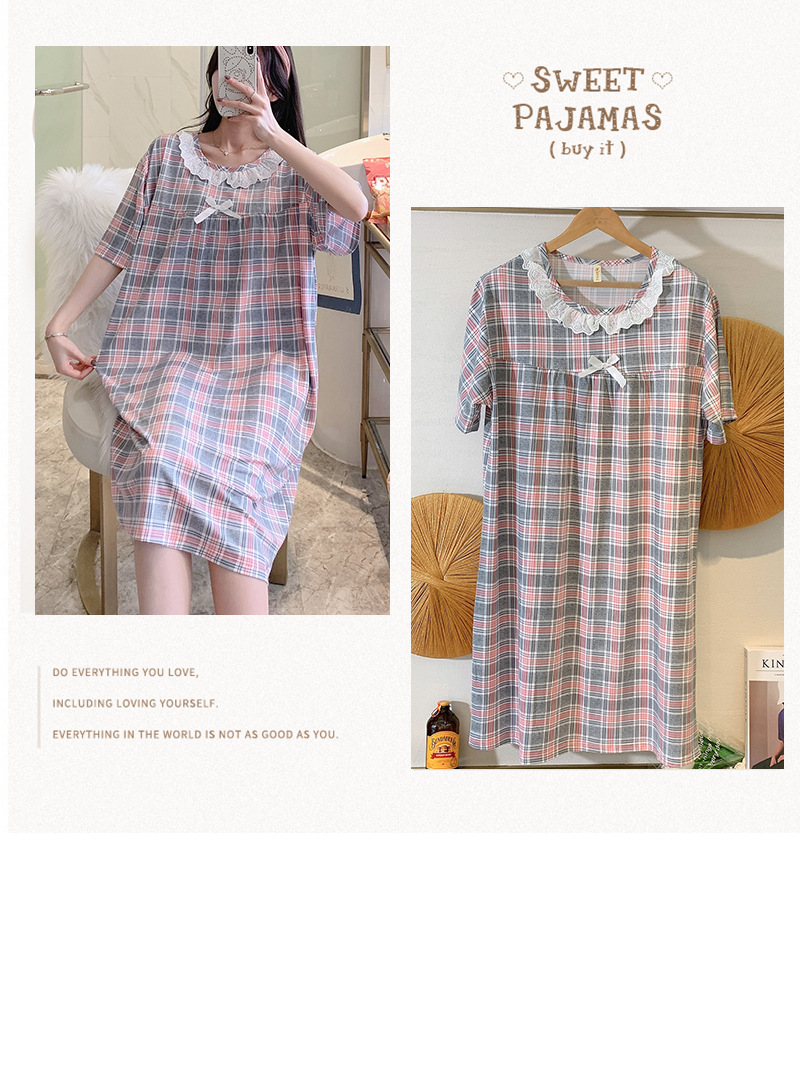 Milk silk even size lace plaid short-sleeved pajamas
