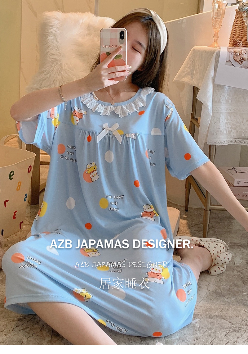 Milk silk even size lace plaid short-sleeved pajamas