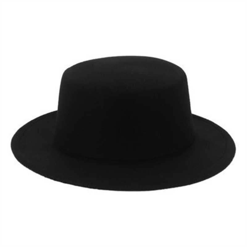 New big brim top hat Retro British flat top flat brim woolen hat for men and women