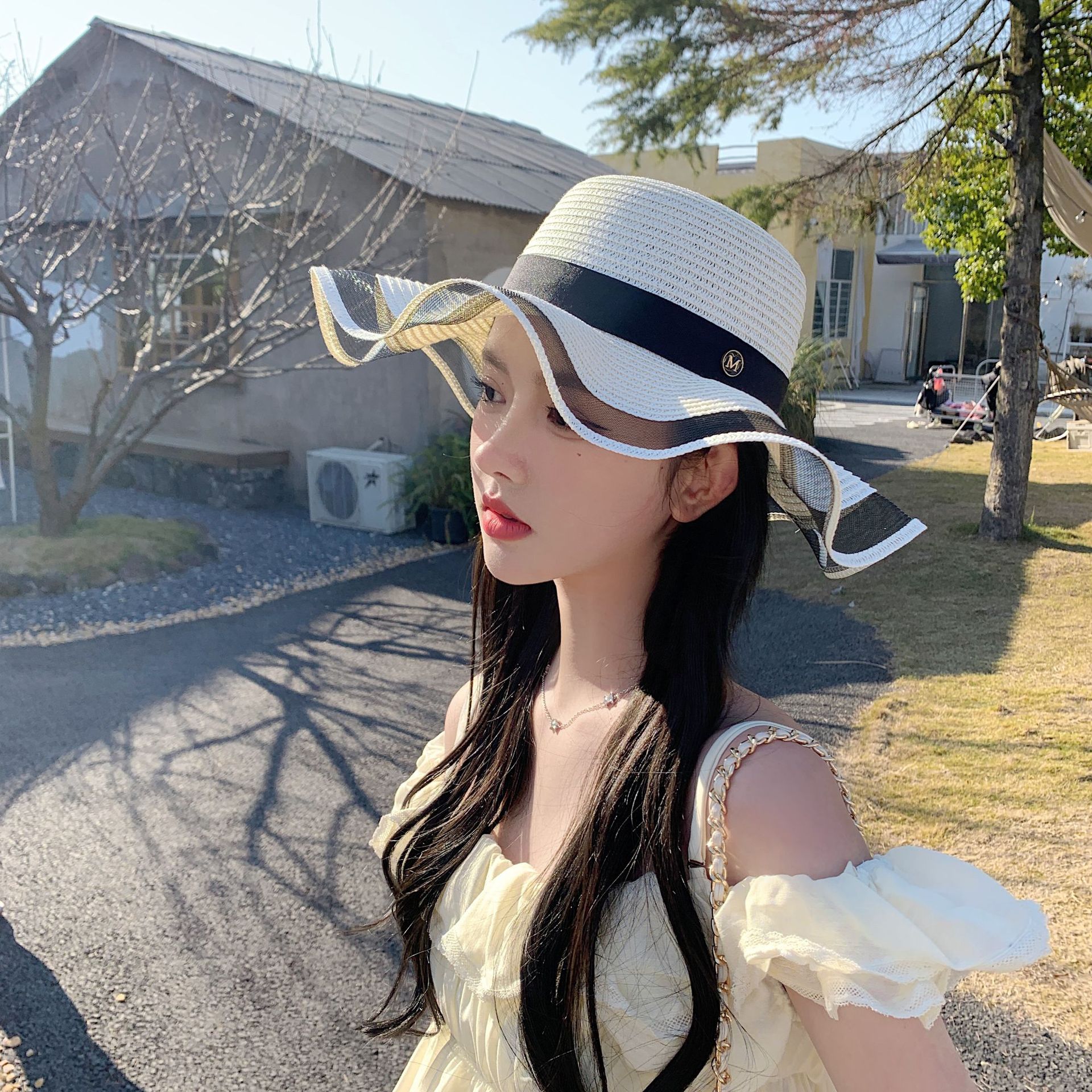 New bow straw hat with big brim