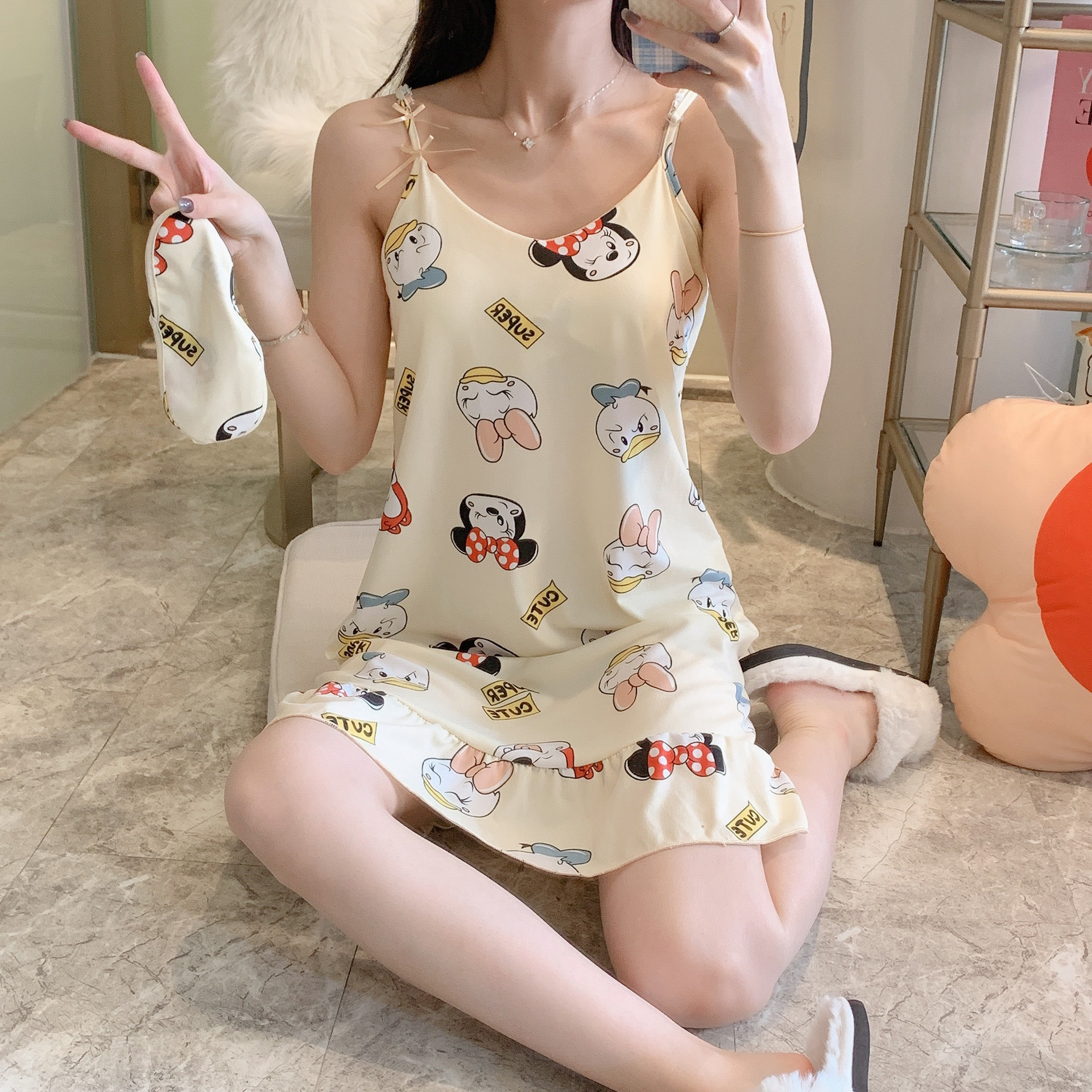 New slip dress with chest pad and eye mask nightdress