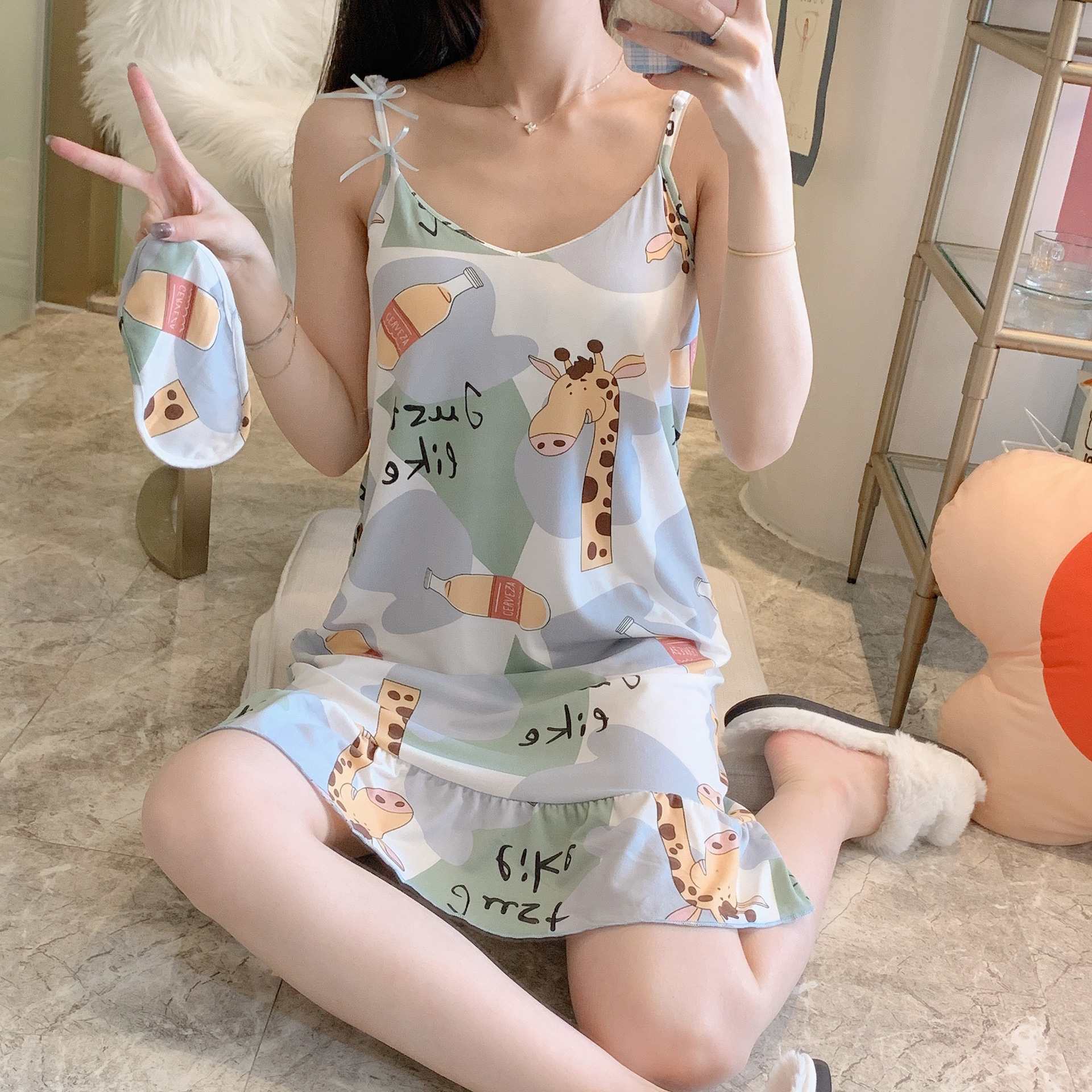 New slip dress with chest pad and eye mask nightdress