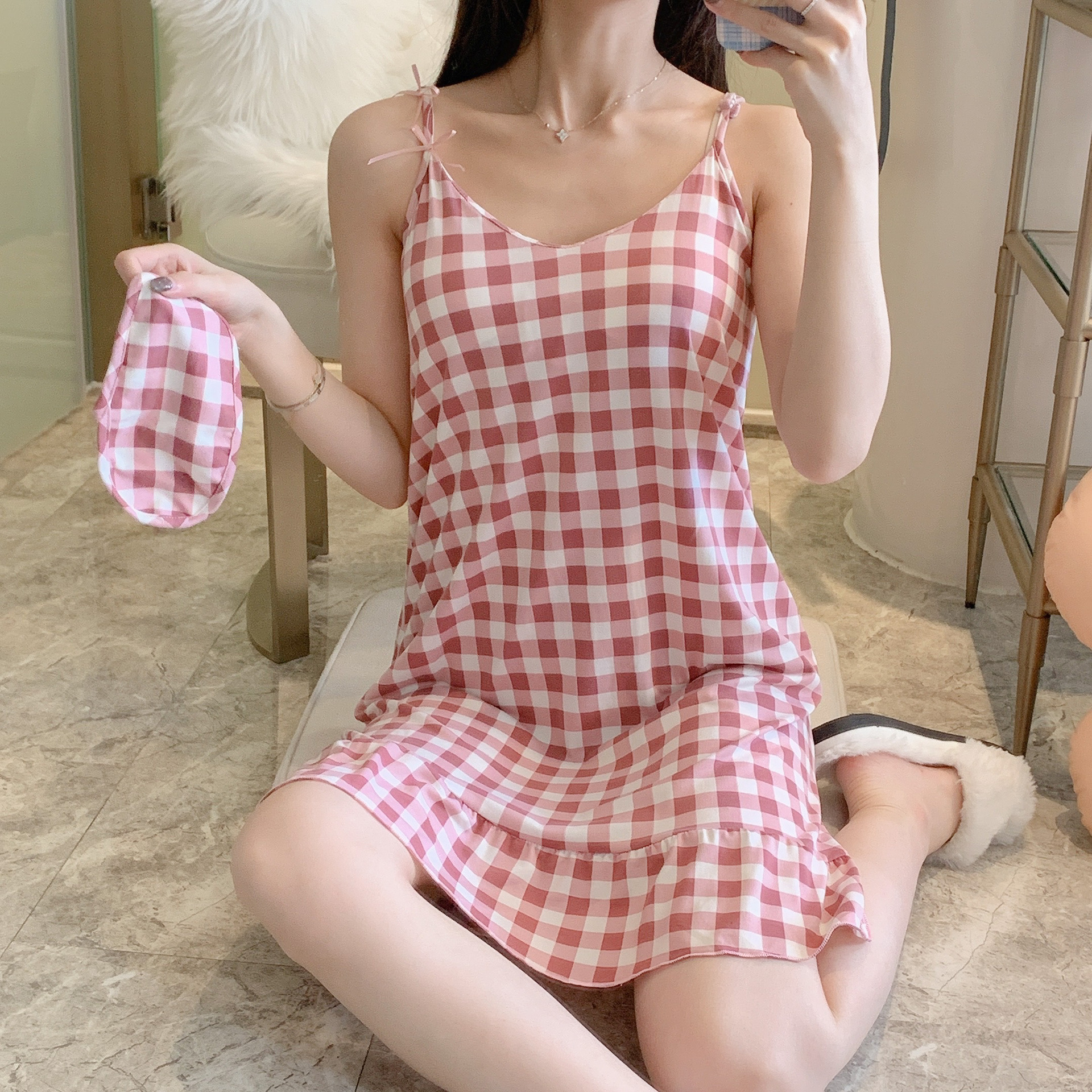 New slip dress with chest pad and eye mask nightdress