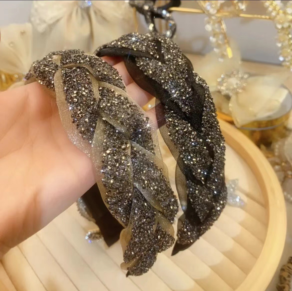 Non-slip rhinestones heavy heavy wide edge braid headband