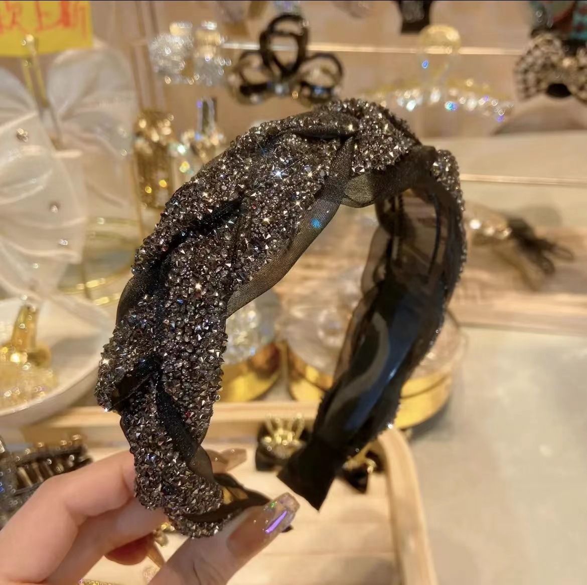 Non-slip rhinestones heavy heavy wide edge braid headband