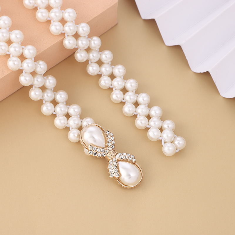 Pearl woven bow buckle thin waist belt