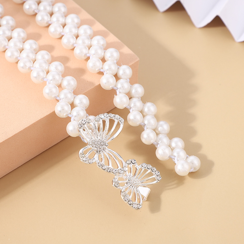 Pearl woven bow buckle thin waist belt