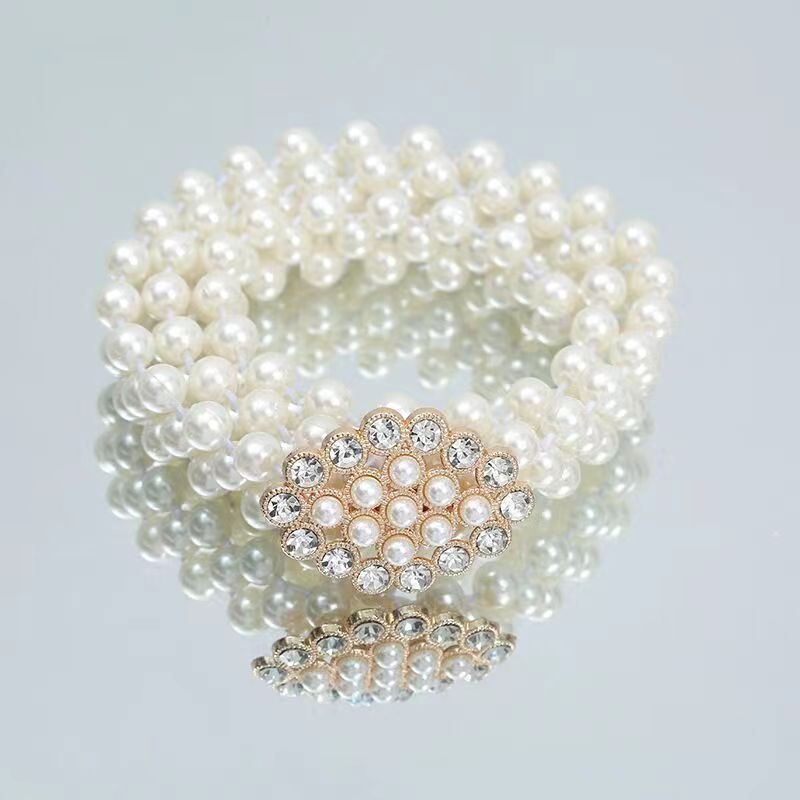 Pearl woven bow buckle thin waist belt