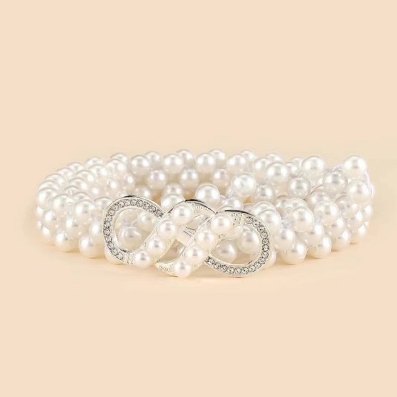 Pearl woven bow buckle thin waist belt