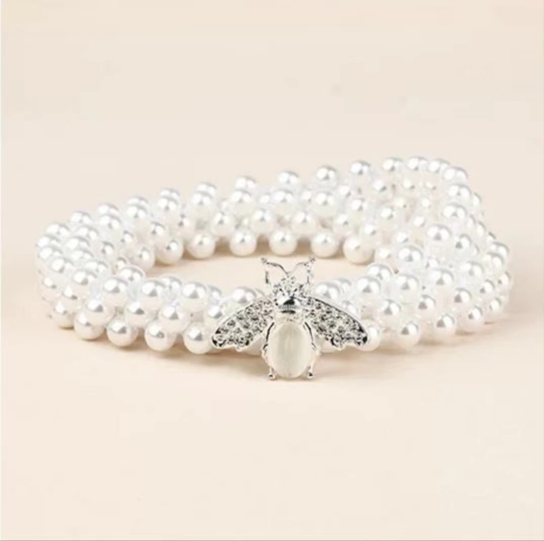 Pearl woven bow buckle thin waist belt