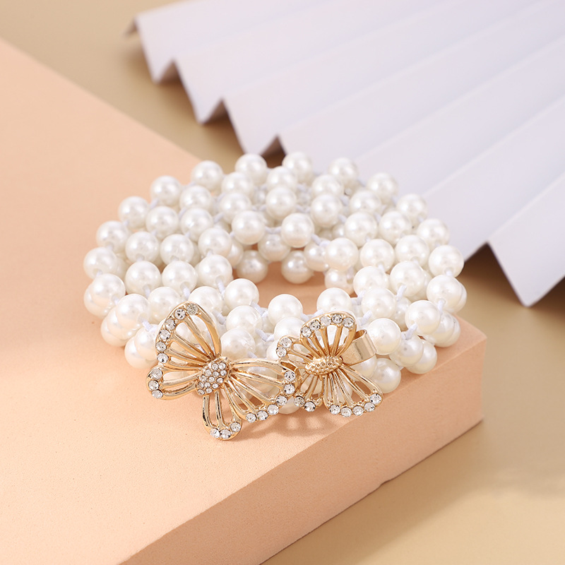 Pearl woven bow buckle thin waist belt