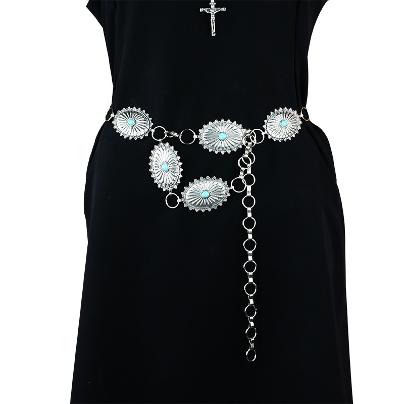 Retro national wind turquoise antique silver chain