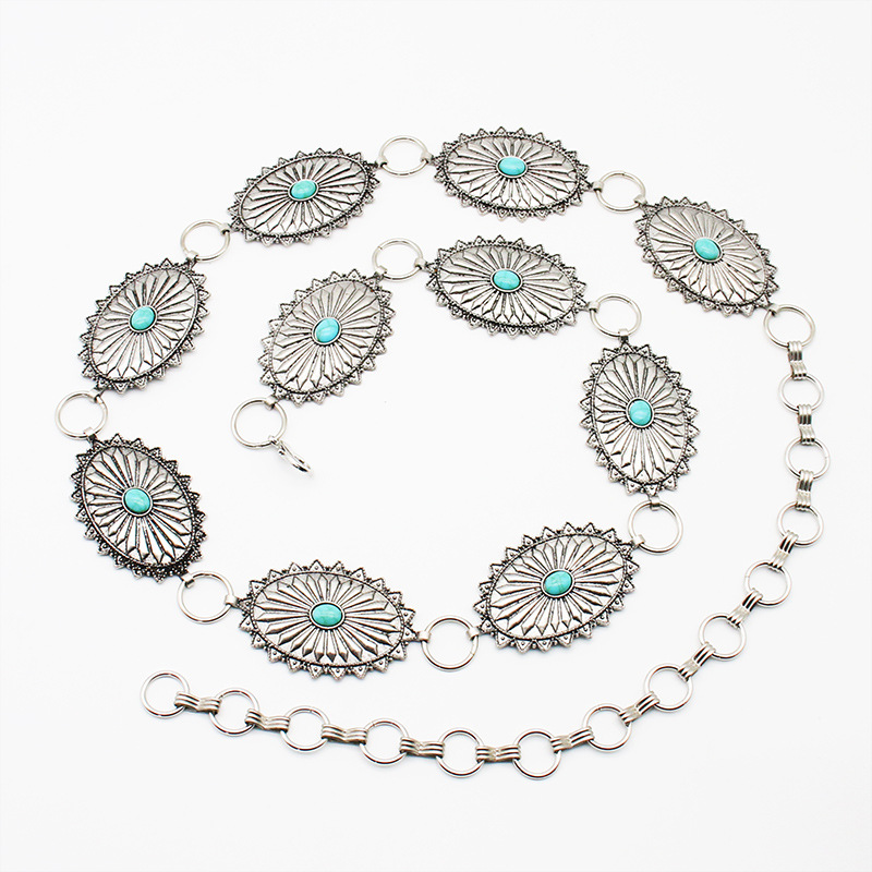 Retro national wind turquoise antique silver chain