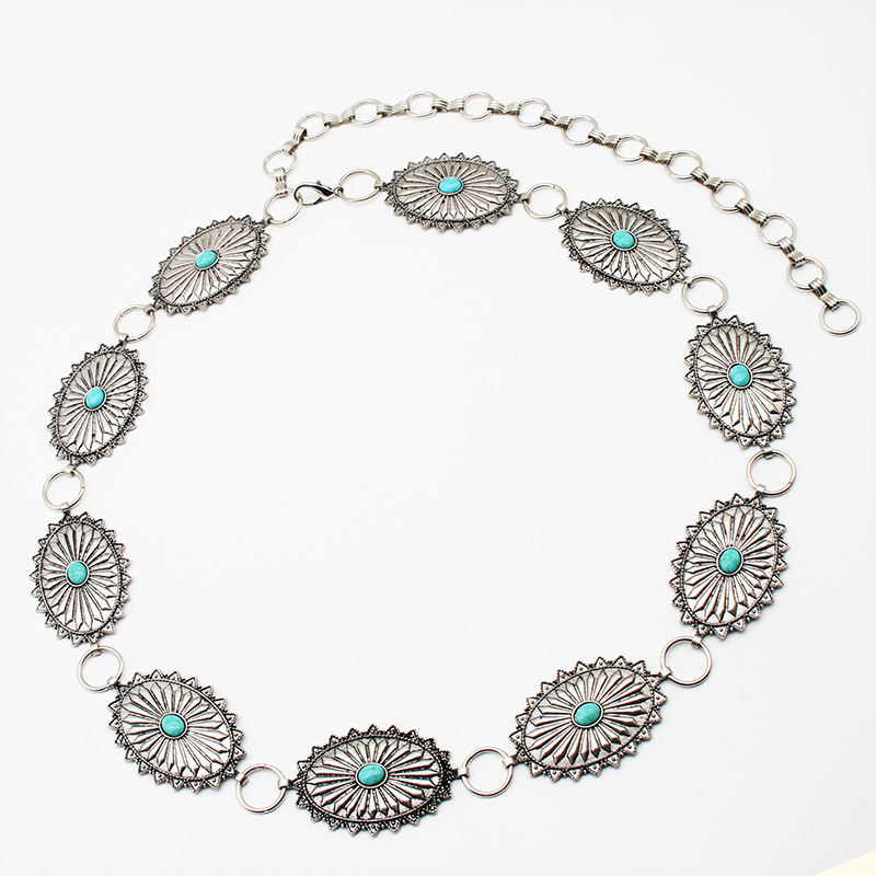 Retro national wind turquoise antique silver chain