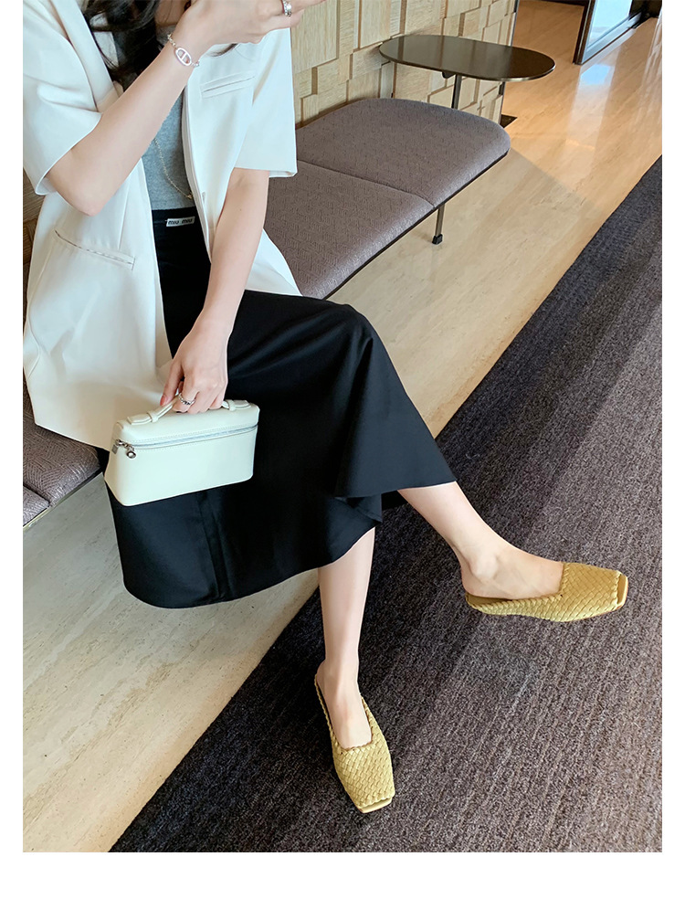 Sheepskin hand woven square head fish mouth flat empty slippers