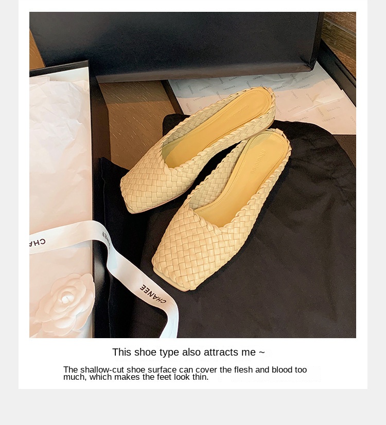 Sheepskin hand woven square head fish mouth flat empty slippers