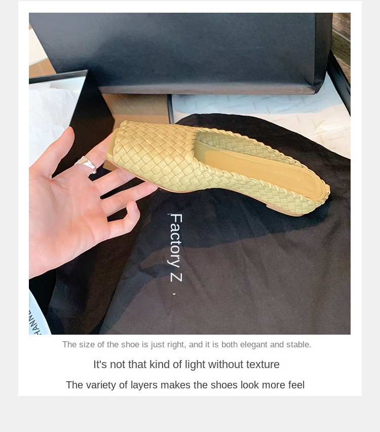 Sheepskin hand woven square head fish mouth flat empty slippers