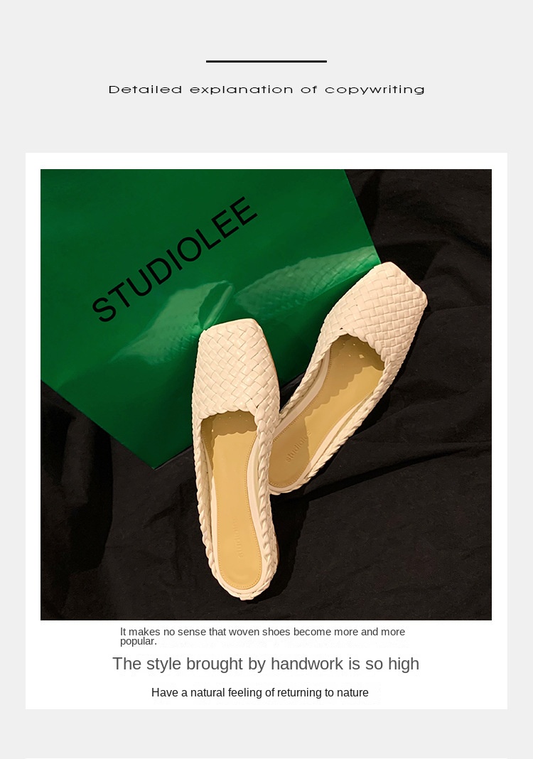 Sheepskin hand woven square head fish mouth flat empty slippers