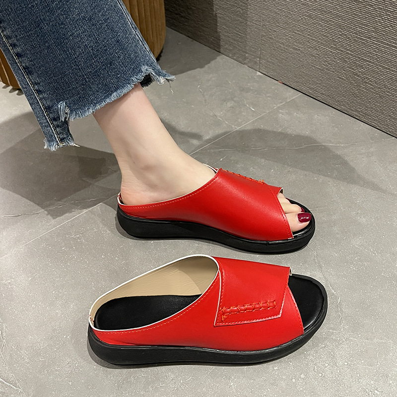 Soft leather high sole fish mouth flip-flops