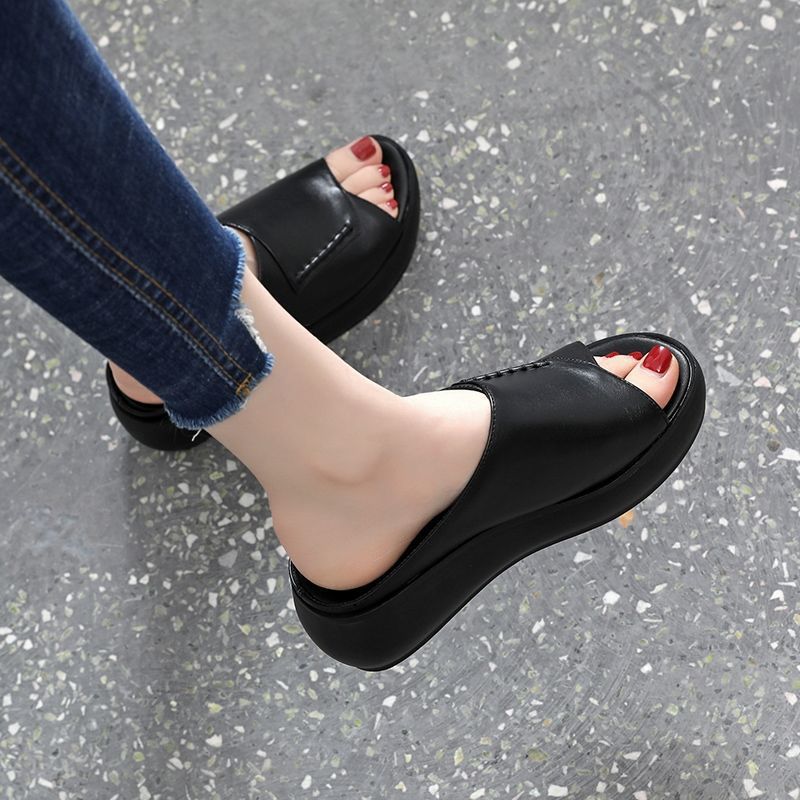 Soft leather high sole fish mouth flip-flops
