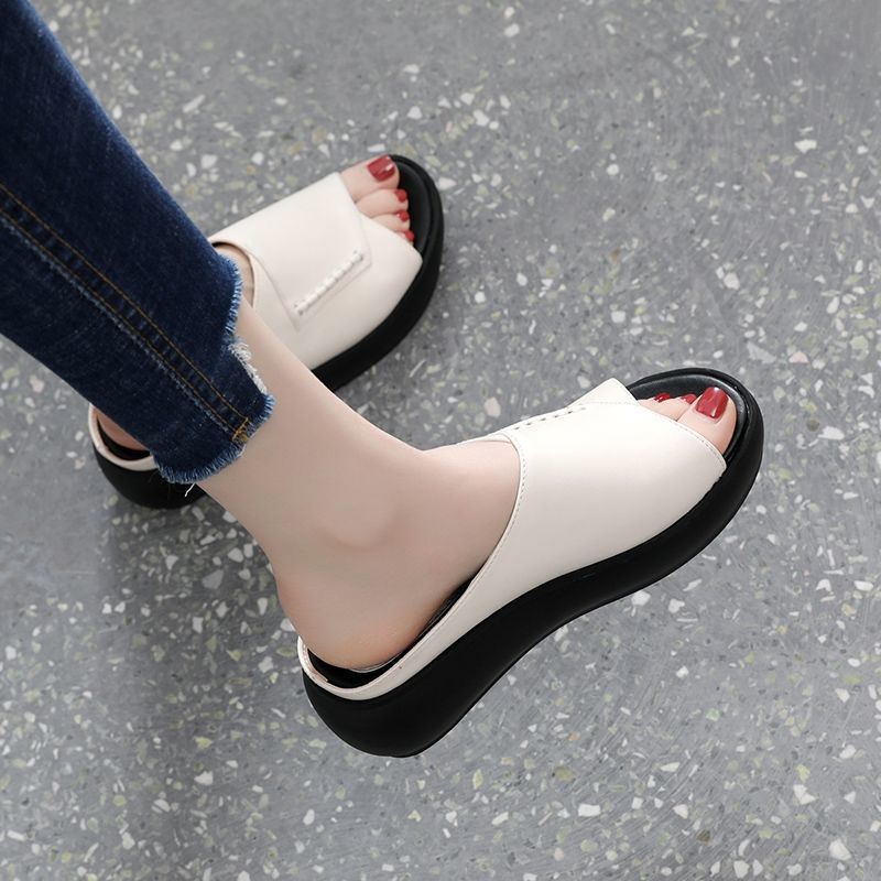 Soft leather high sole fish mouth flip-flops
