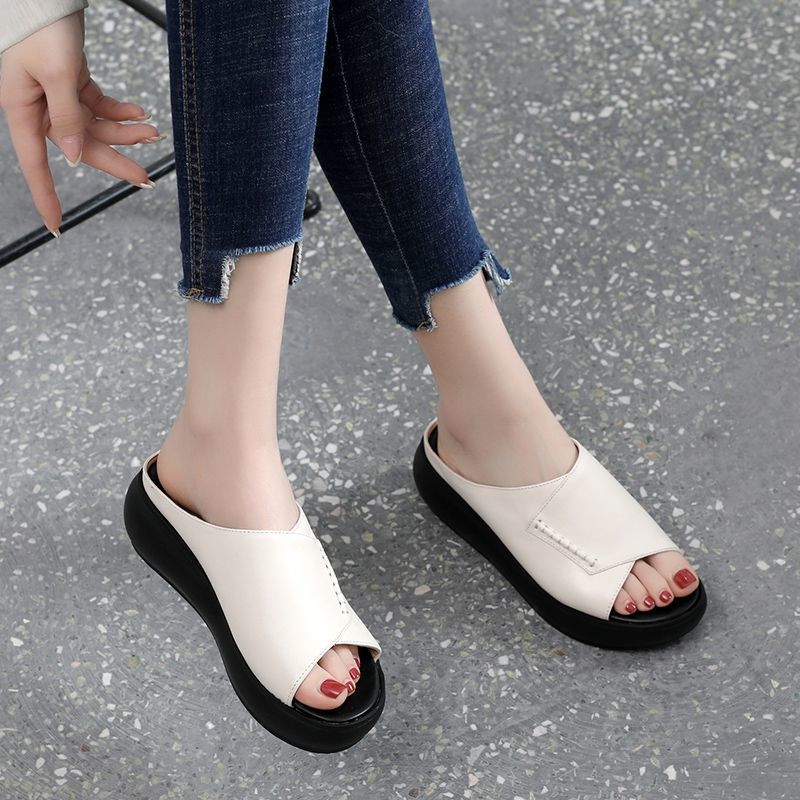 Soft leather high sole fish mouth flip-flops