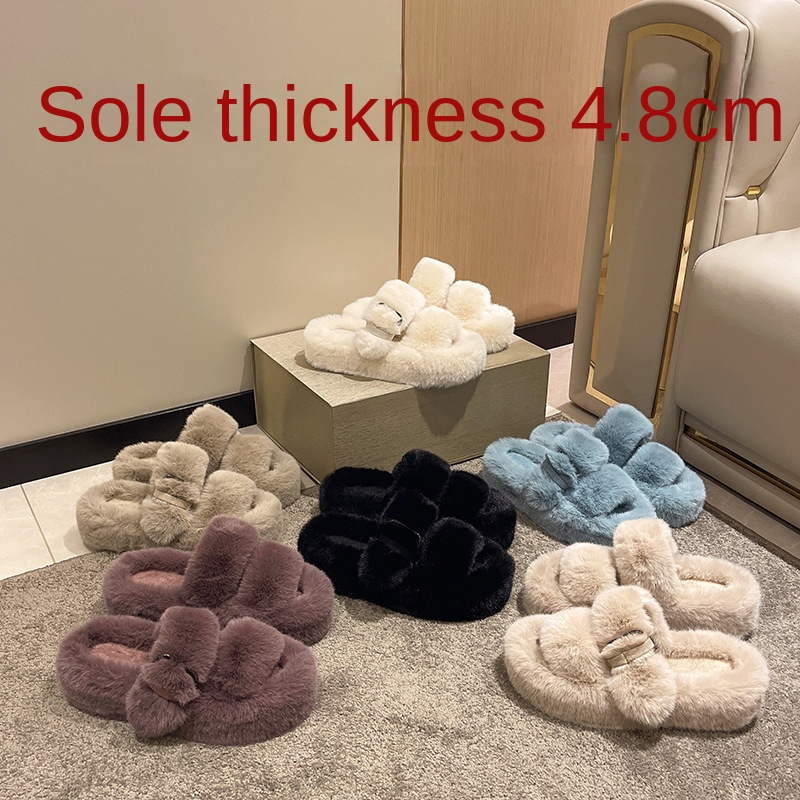 Square button thick sole home fluffy slippers