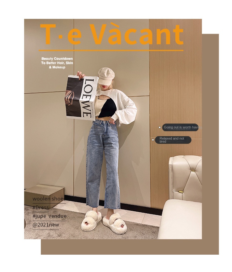 Square button thick sole home fluffy slippers