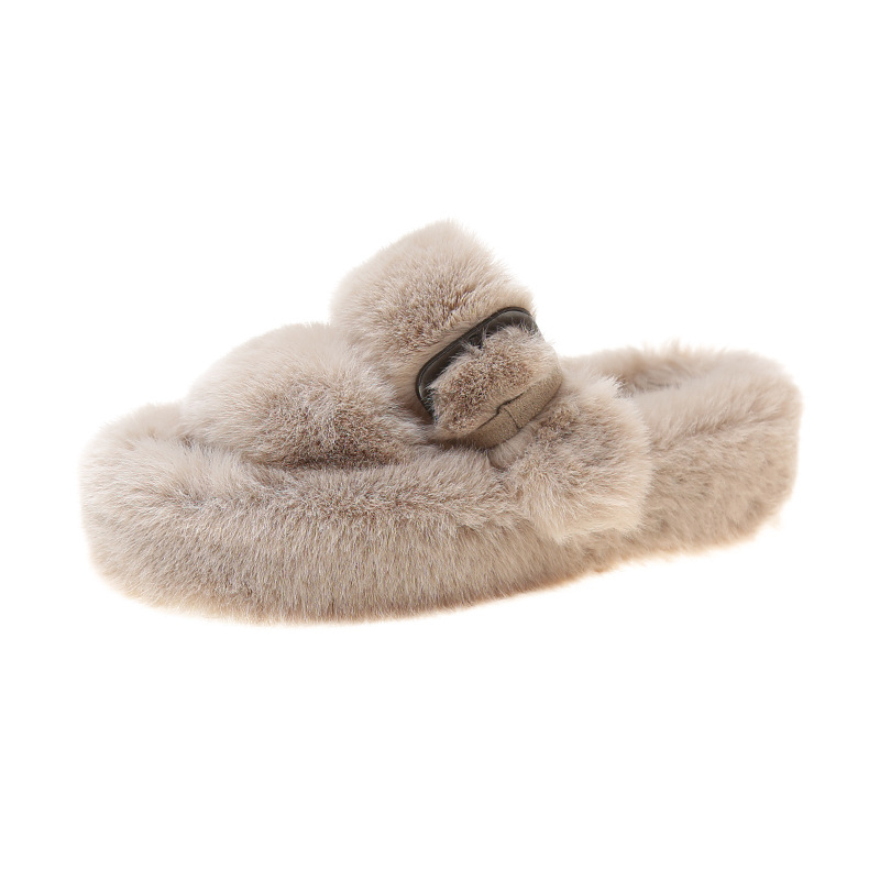 Square button thick sole home fluffy slippers