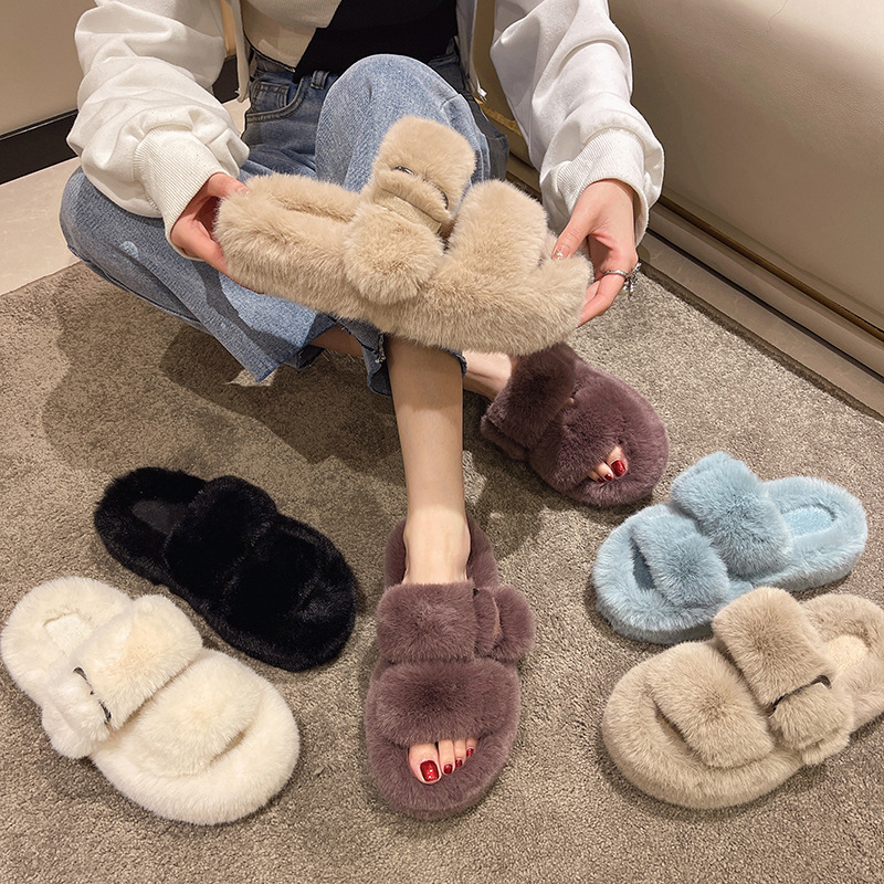 Square button thick sole home fluffy slippers