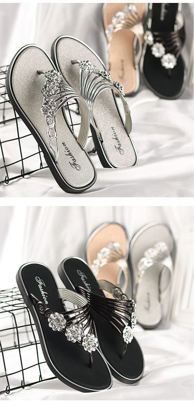 Summer flip-flops with diamond-encrusted herringbone for women