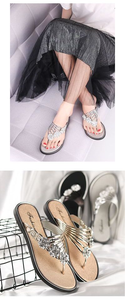 Summer flip-flops with diamond-encrusted herringbone for women