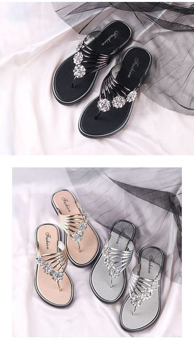 Summer flip-flops with diamond-encrusted herringbone for women